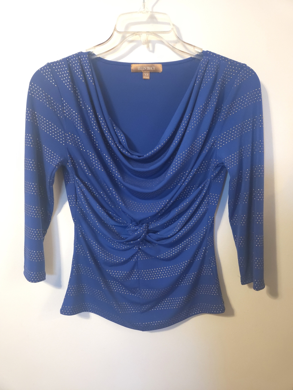 Ellen Tracy Cobalt Blue Draped Cowl Ruched Top with Rhinestone Stripes